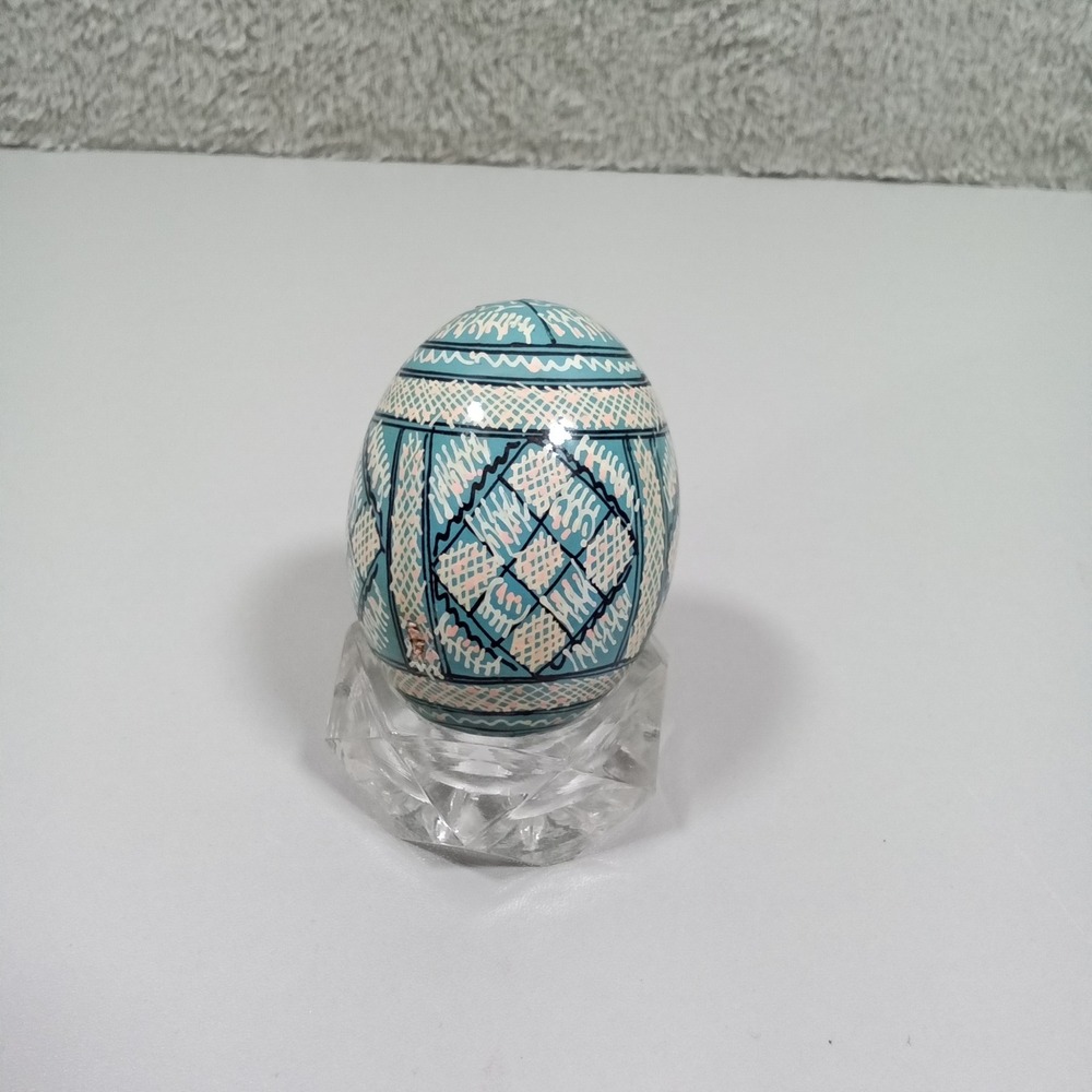 Ukrainian Pysanky Easter Egg Hand Painted Turquoise Geometric Folk‎ Art w Stand